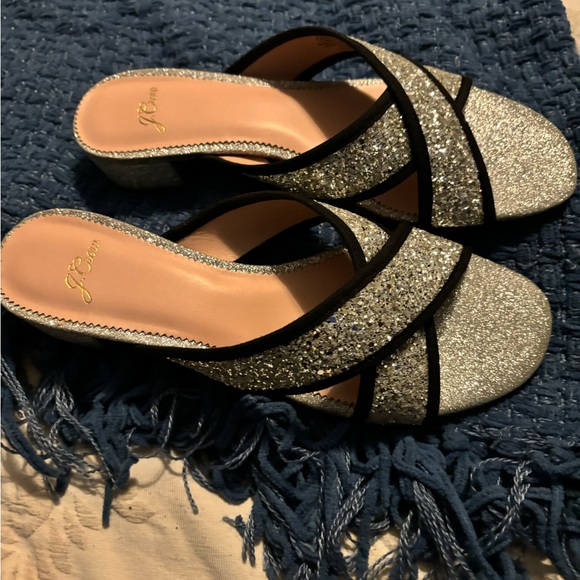 Jcrew glitter two strap sandals. Silver with black trim. - Picture 2 of 10